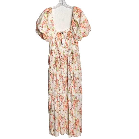Forever 21 Dress XL Floral Maxi Puff Sleeve Smocked Bodice Square Neck Linen - Picture 5 of 11